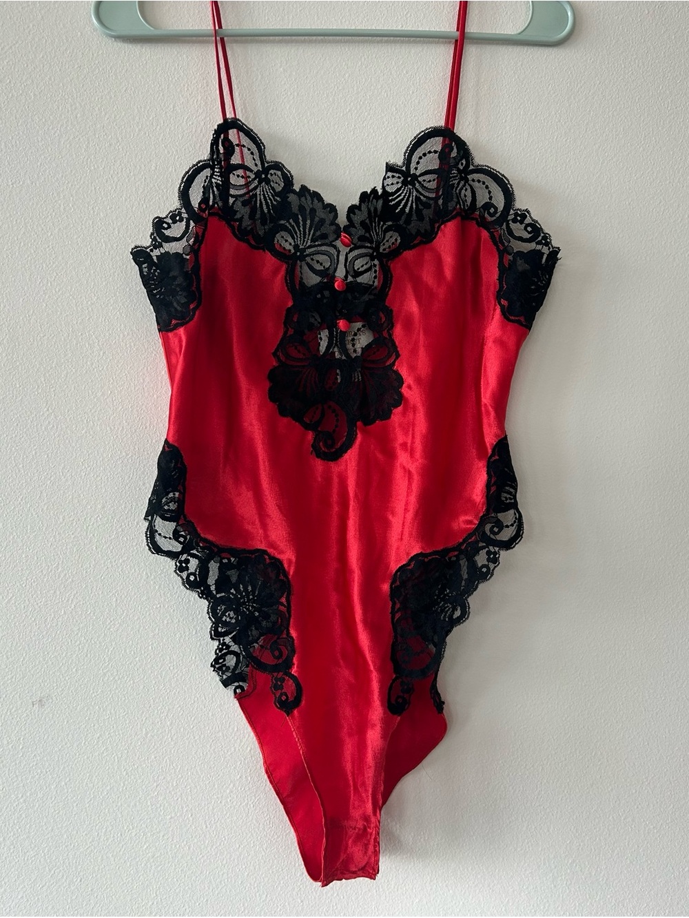 Vintage Victoria's Secret Red Satin & Black Lace Teddy Playsuit